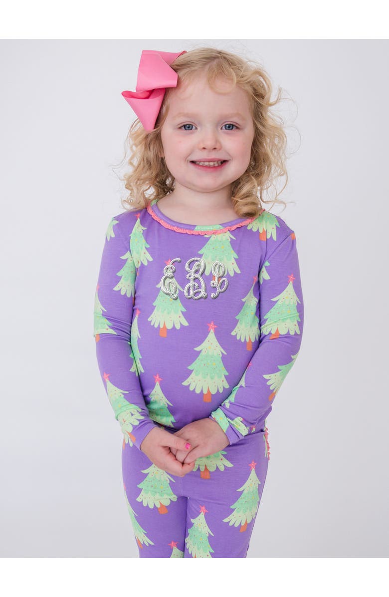 RuffleButts SoftSnooze Ruffle Long Sleeve Pajama Set, Signature Rear Ruffles, Alternate, color, Purple Twinkling Trees