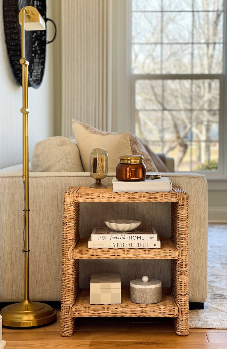 JONATHAN Y Praerie Coastal Bohemian Rattan/Wood 3 Tier End Table, Alternate, color, Natural