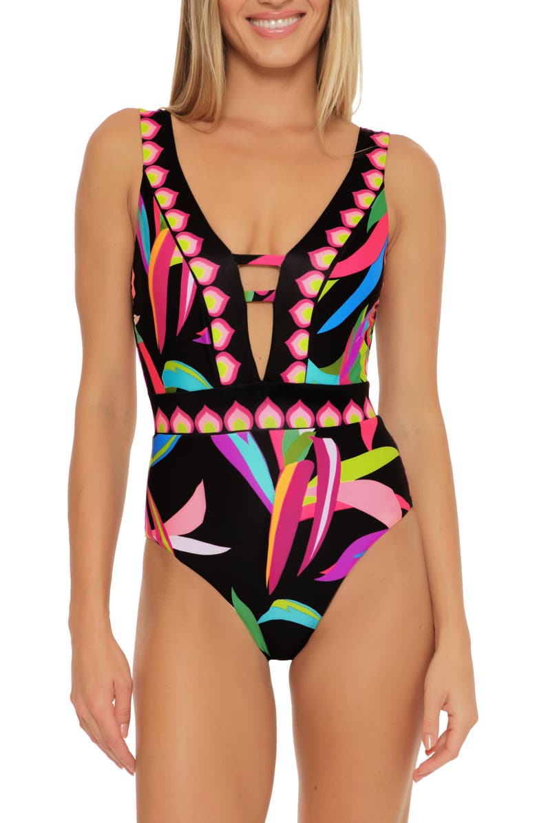 Trina Turk Birds of Paradise Cutout One-Piece Swimsuit, Main, color, Birds Of Prey