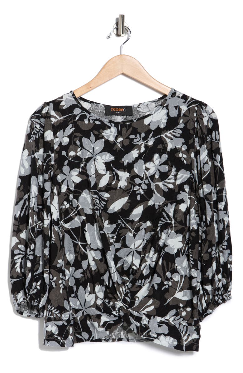 Renee C Floral Balloon Sleeve Twist Front Top, Alternate, color, Black