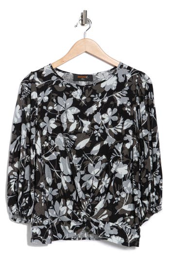 Renee C Floral Balloon Sleeve Twist Front Top In Black