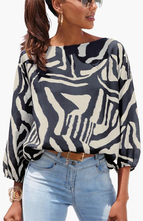 Women's Boat Neck Balloon Sleeve Blouse