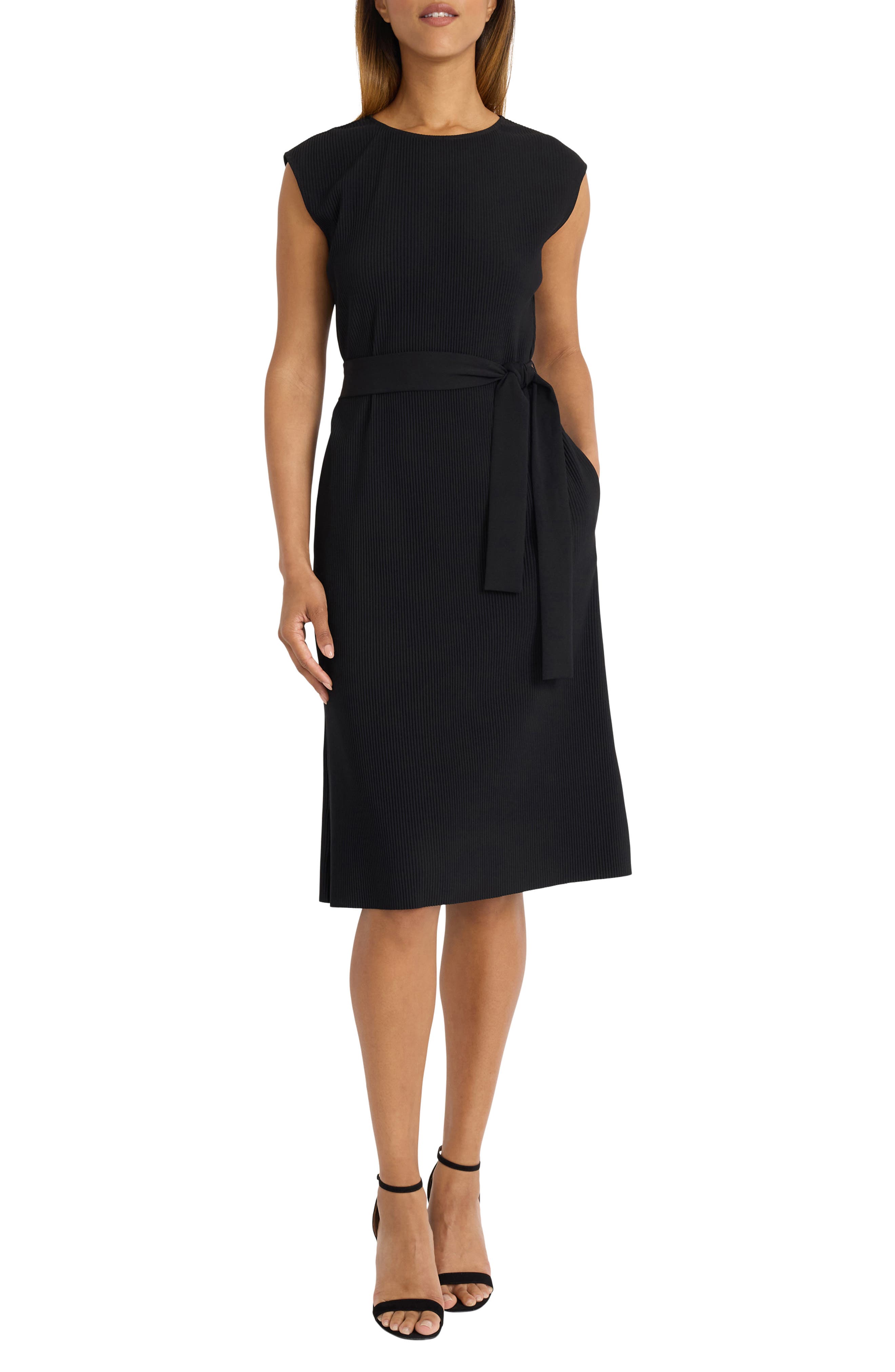 Maggy London Plissé Tie Belt Midi Dress in Black 