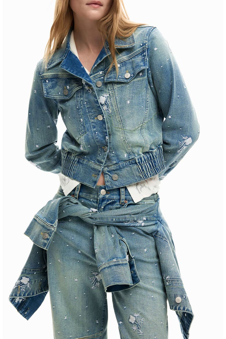 Embroidered Denim Trucker Jacket, Main, color, MEDIUM BLUE