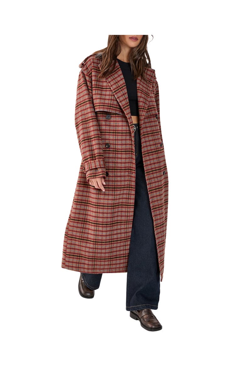 NASTY GAL Check Vinyl Collar Trench Coat, Alternate, color, Brown