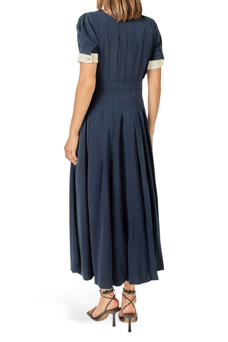 Short Sleeve Pleated Midi Shirtdress, Alternate, color, NAVY/ WHITE