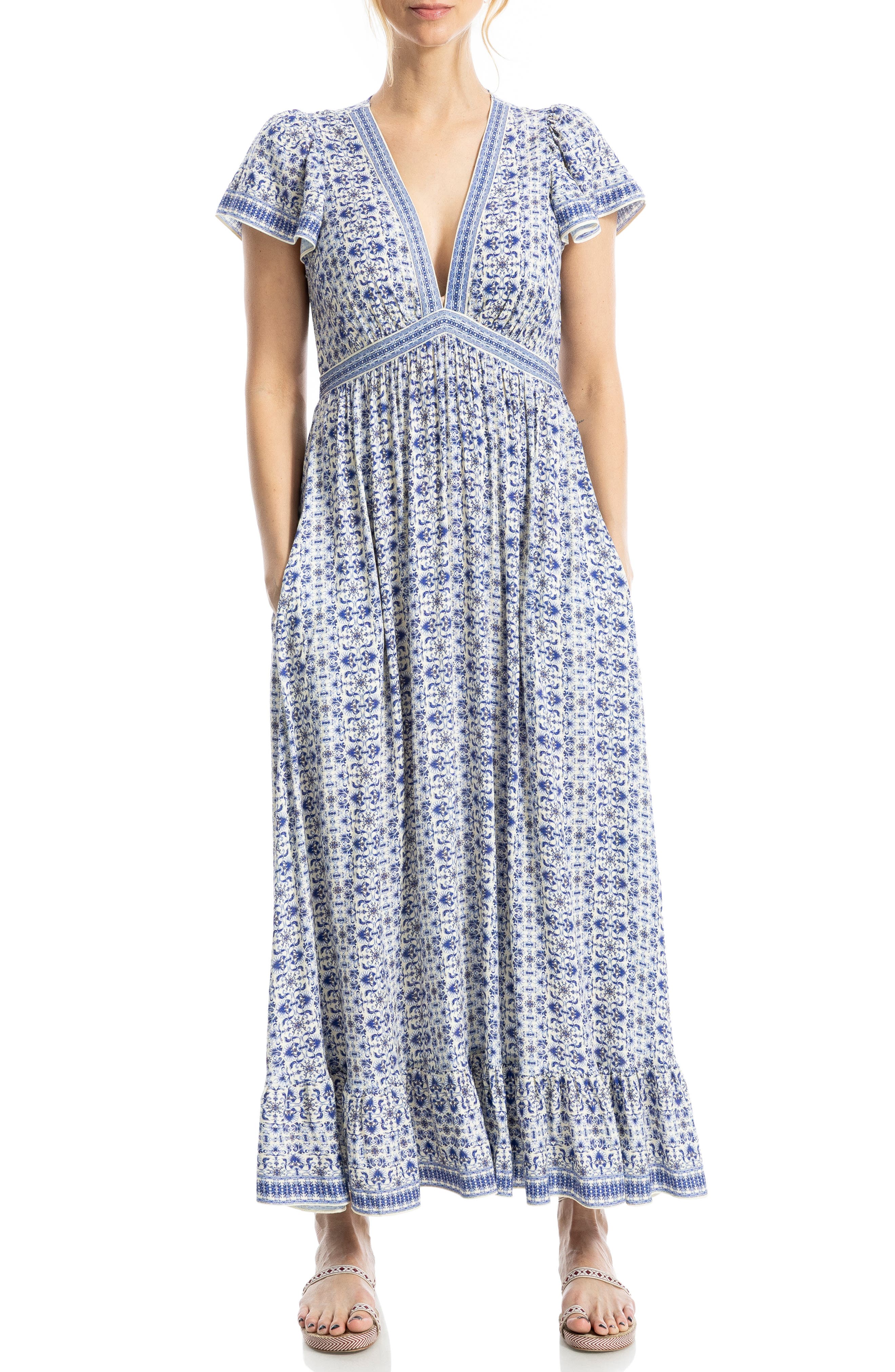 MAX STUDIO Empire Waist Flutter Sleeve Maxi Dress