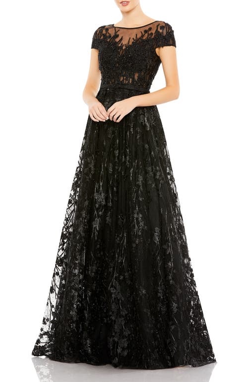 Mac Duggal Embellished Floral Cap Sleeve A Line Gown In Black