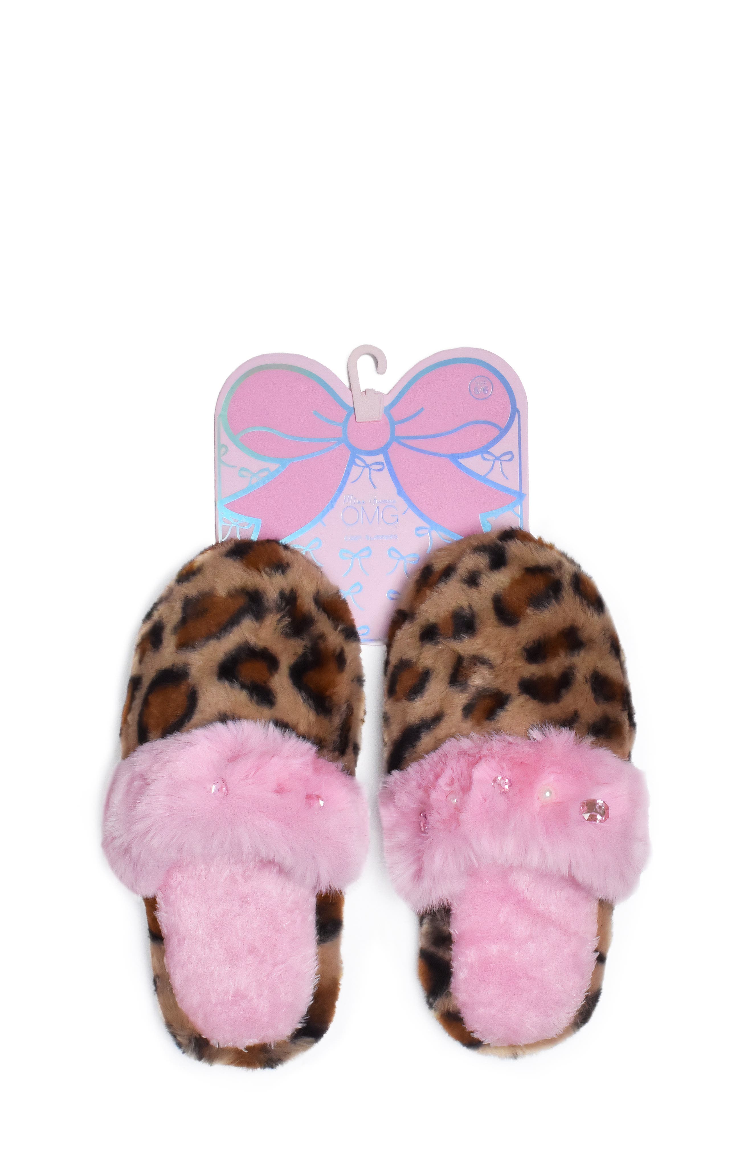 OMG Accessories Kids' Crystal Leopard Faux Fur Slipper, Main, color, Brown