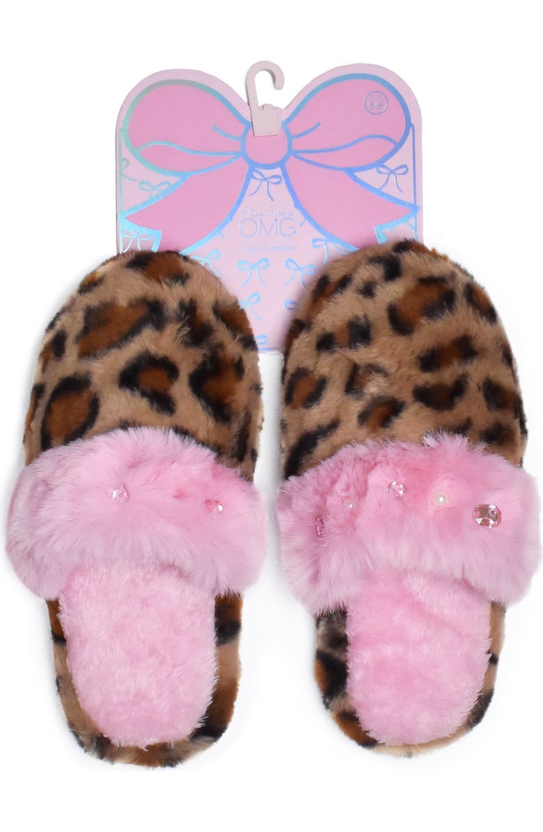 OMG Accessories Kids' Crystal Leopard Faux Fur Slipper, Main, color, Brown