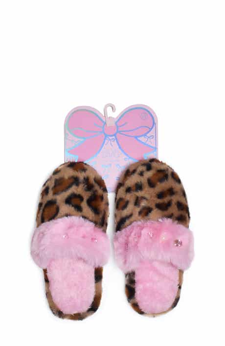 OMG Accessories Kids' Crystal Leopard Faux Fur Slipper