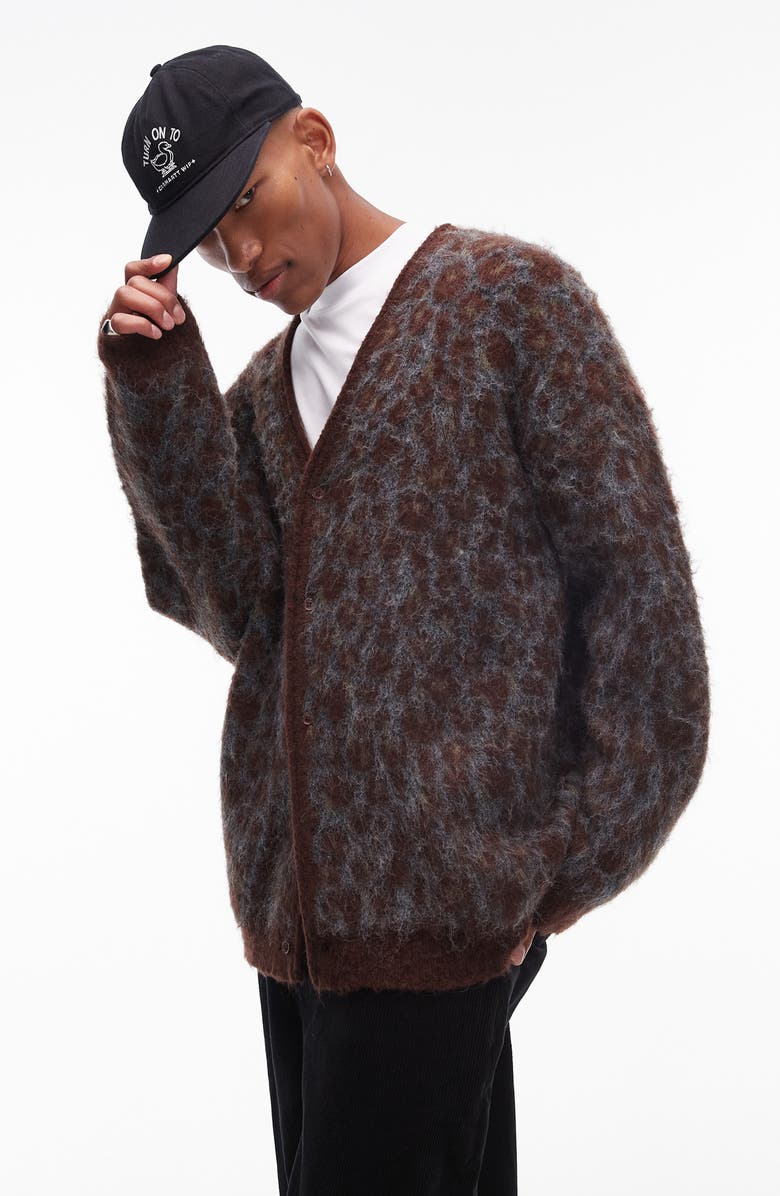 Topman Relaxed Fit Brushed Leopard Cardigan, Main, color, 