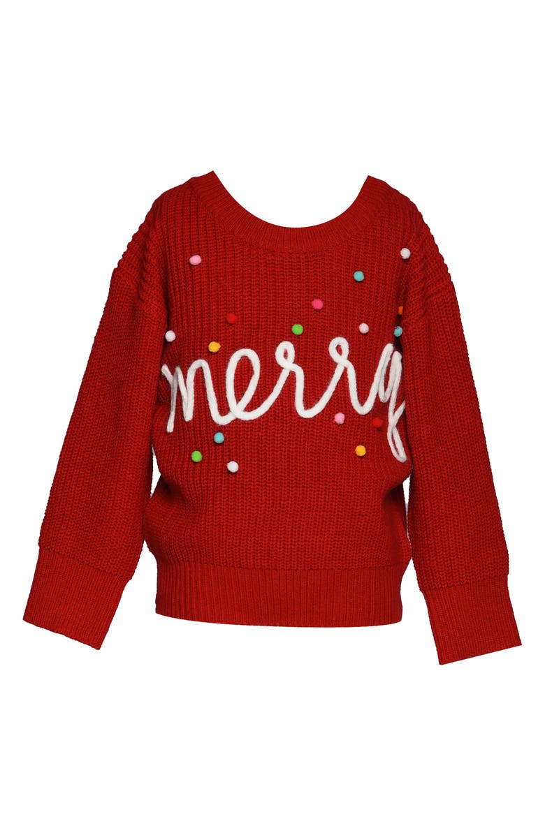 Truly Me Kids' Merry Holiday Pompom Embellished Graphic Sweater, Main, color, Merry Red