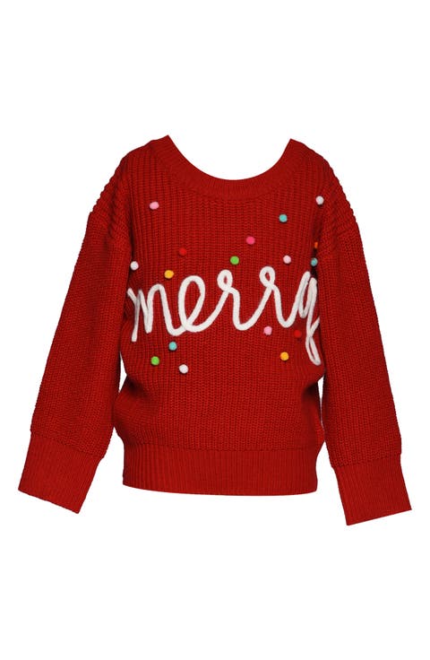 Kids' Merry Holiday Pompom Embellished Graphic Sweater (Little Kid)