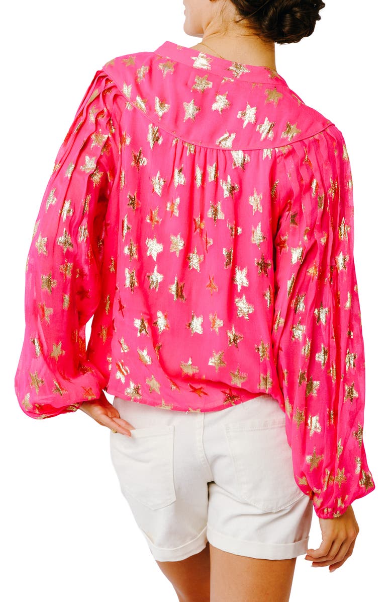 CIEBON Burnelle Metallic Star Long Sleeve Peasant Top, Alternate, color, Neon Pink