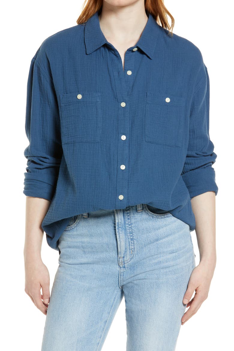 Long Sleeve Gauze Button-Up Shirt, Main, color, BLUE ENSIGN