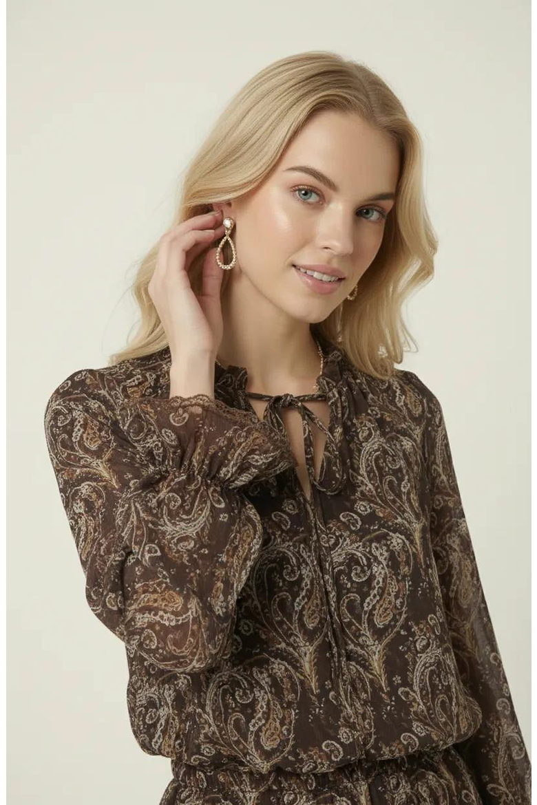 Paisley Print Mini Dress with Tiered Skirt and Long Sleeves, Alternate, color, Dark Brown Paisley