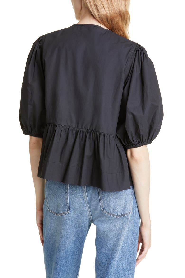 Puff Sleeve Organic Cotton Poplin Peplum Blouse, Alternate, color, BLACK