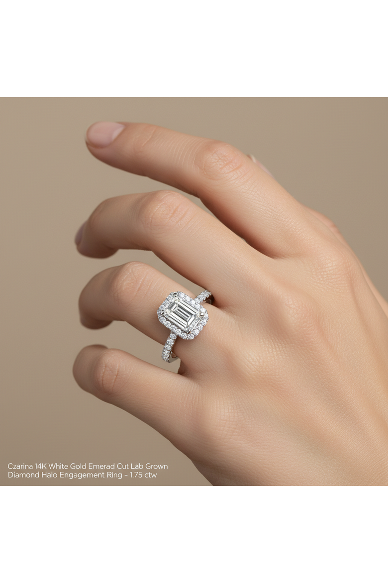 Czarina 14K White Gold Emerald Cut Lab Grown Diamond Halo Engagement Ring - 1.75 ctw, Alternate, color, 14K White Gold