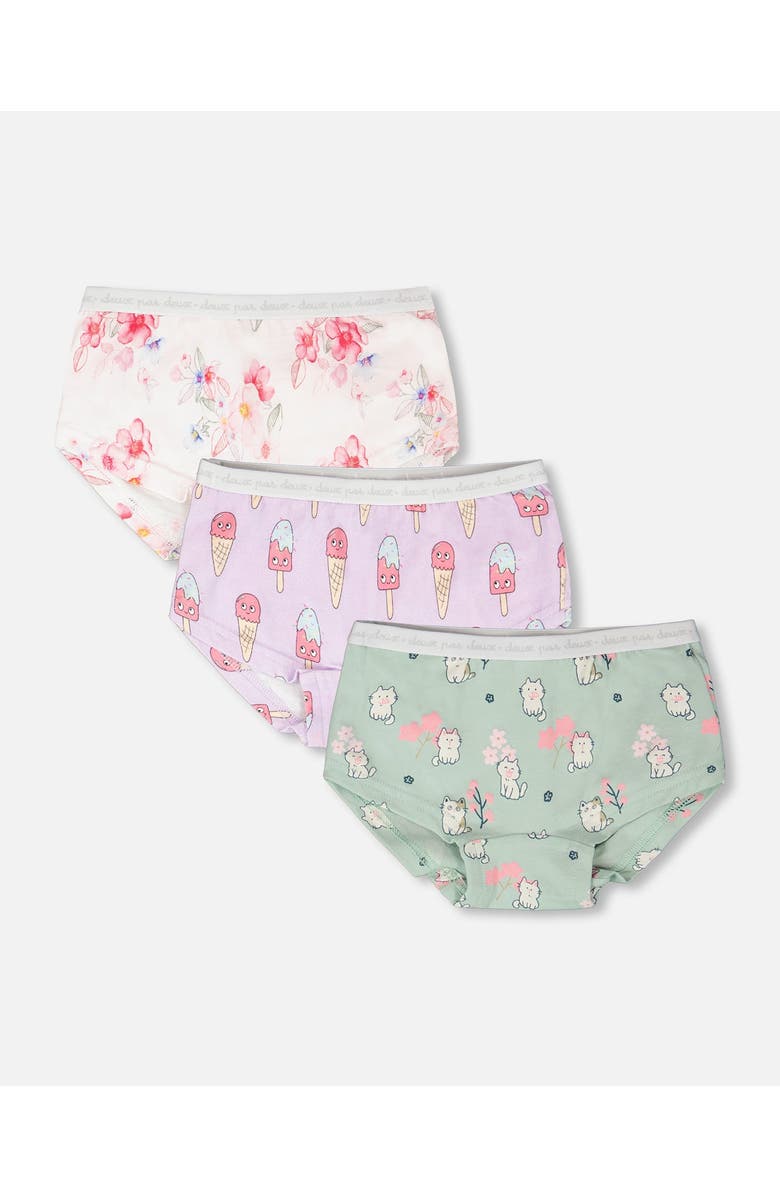 Deux par Deux Boyshort Panties (Pack Of 3) Organic Cotton, Main, color, Green Kitten Print