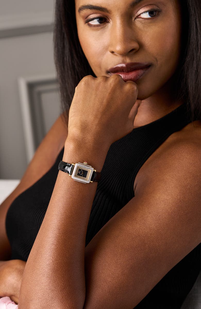 MICHELE Mini Deco Madison Special Edition Two-Tone 18K Gold Plate Diamond Pavé Leather Strap Watch, 23mm x 24mm, Alternate, color, Black