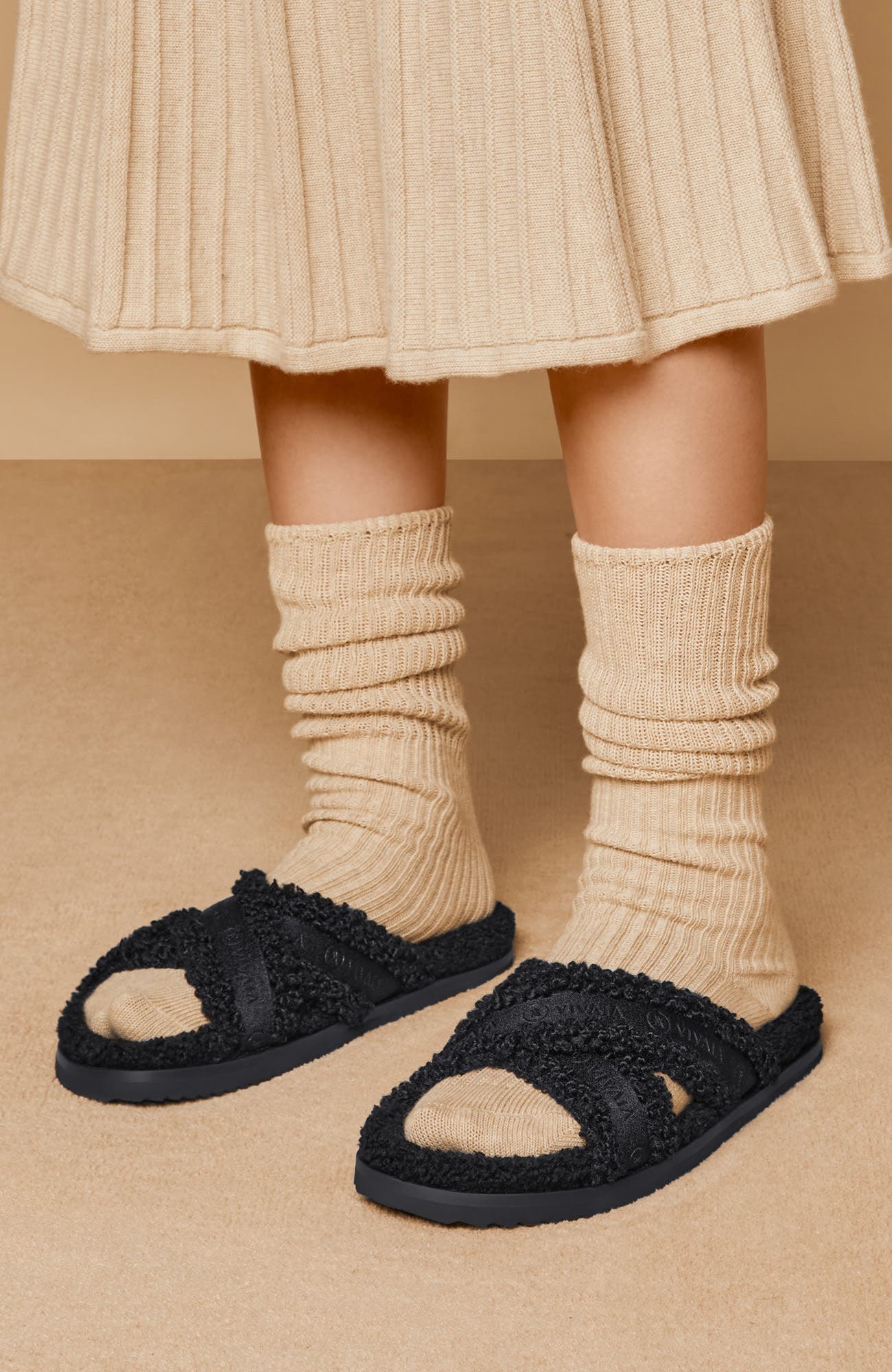 VIVAIA Furry Criss-Cross Strap Slippers, Alternate, color, Black