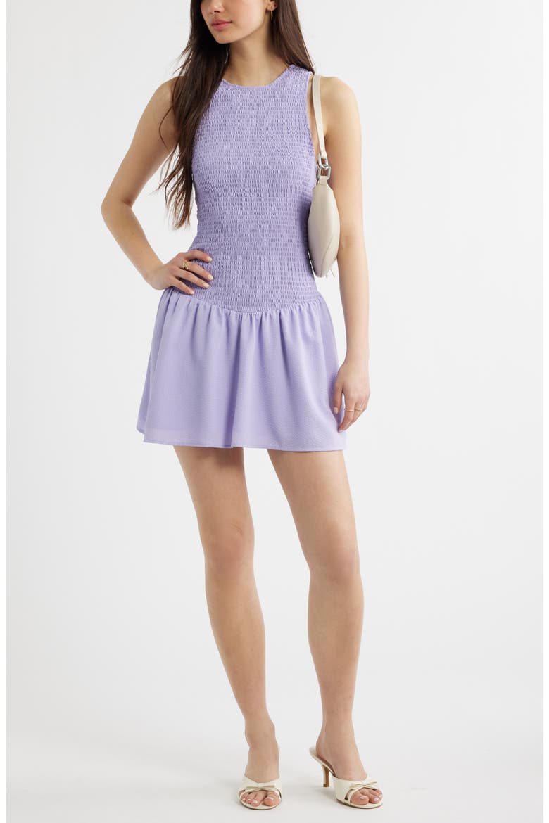 Smocked Drop Waist Minidress, Alternate, color, PURPLE SPRAY