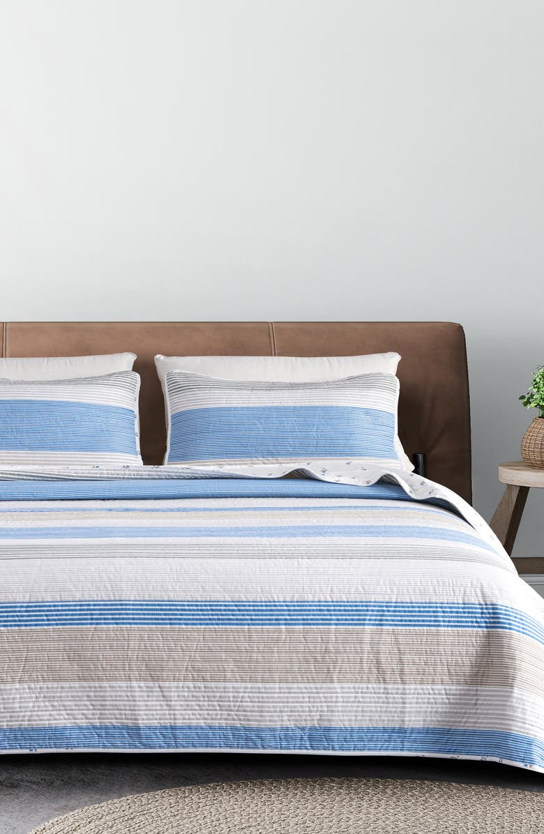 Woven & Weft Stripe Quilt & Sham Set, Alternate, color, Blue / Taupe