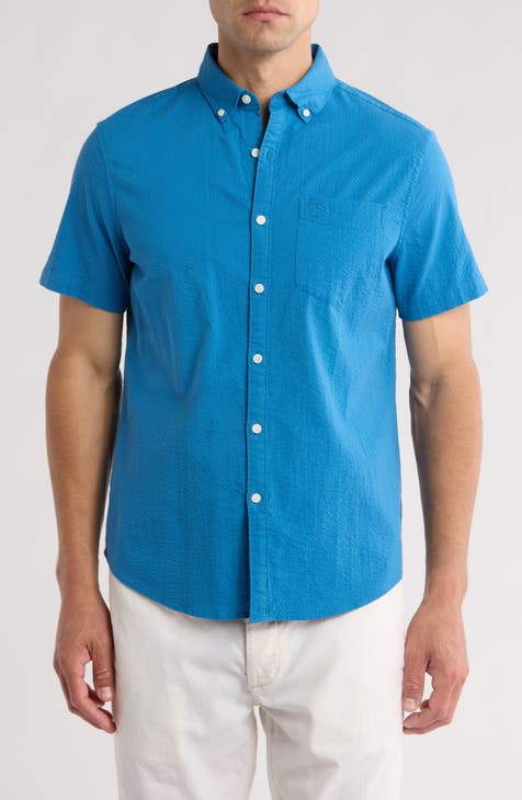 Seersucker Stretch Short Sleeve Stretch Cotton Button-Up Shirt