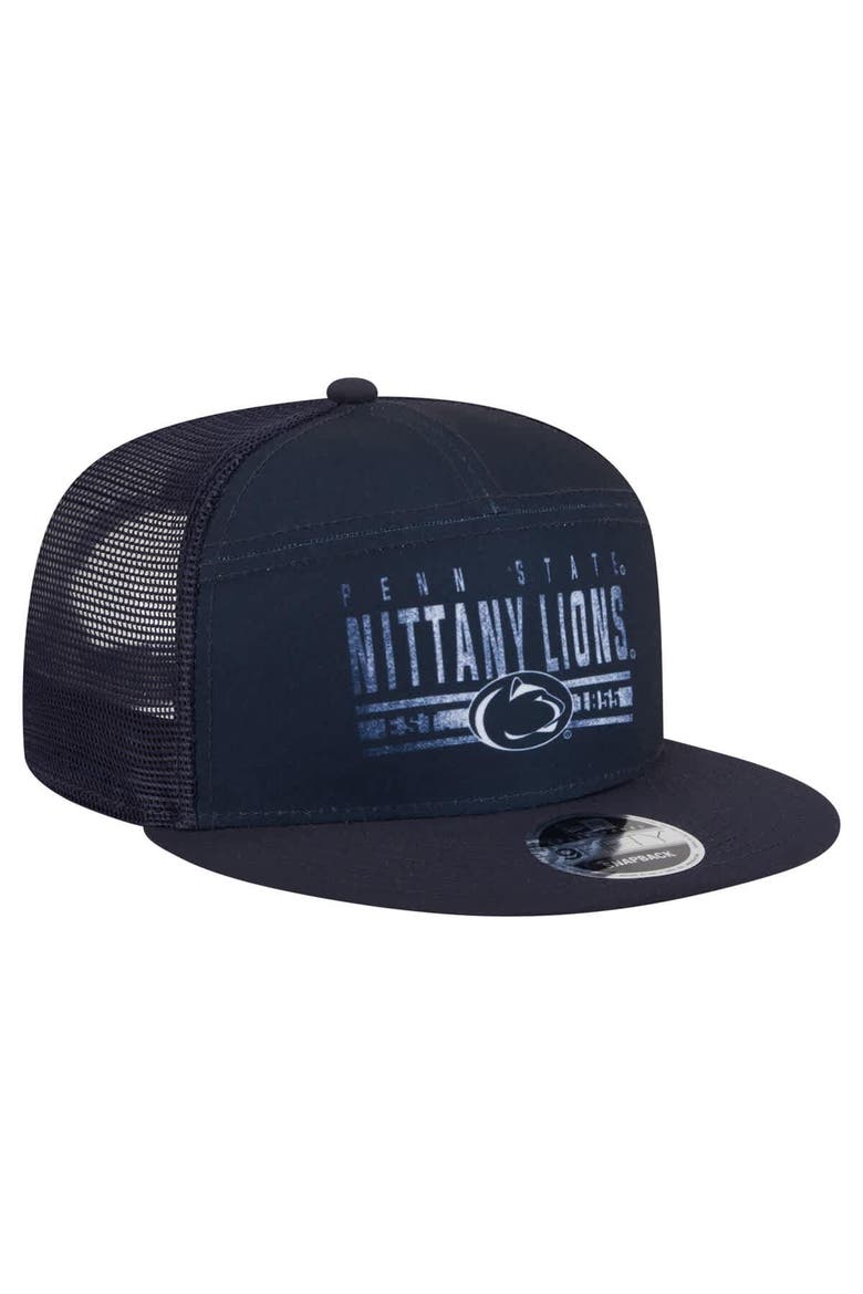 Men's New Era Navy Penn State Nittany Lions Split Panel 9FIFTY Snapback Trucker Hat, Alternate, color, Navy
