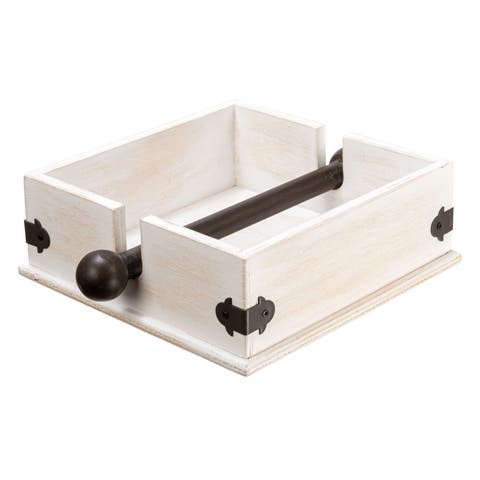 Farmhouse Square Wood and Metal Napkin Holder, Whitewashed Finish