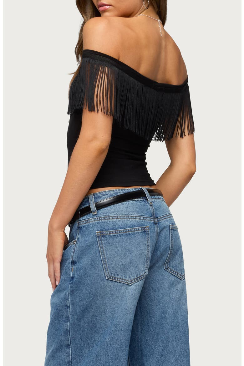 Catelina Fringe Off the Shoulder Top, Alternate, color, BLACK
