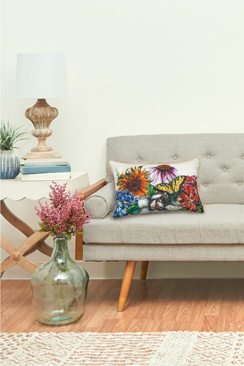 Botanical Flowers & Butterfly HD Printed Cotton Blend Lumbar Accent Pillow 14" x 22", Alternate, color, Yellow