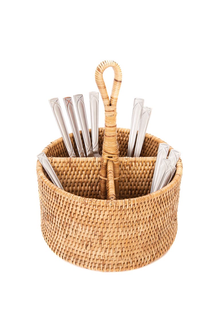 Artifacts Rattan Round 4 section Caddy/Cutlery Holder, Alternate, color, Honey Brown