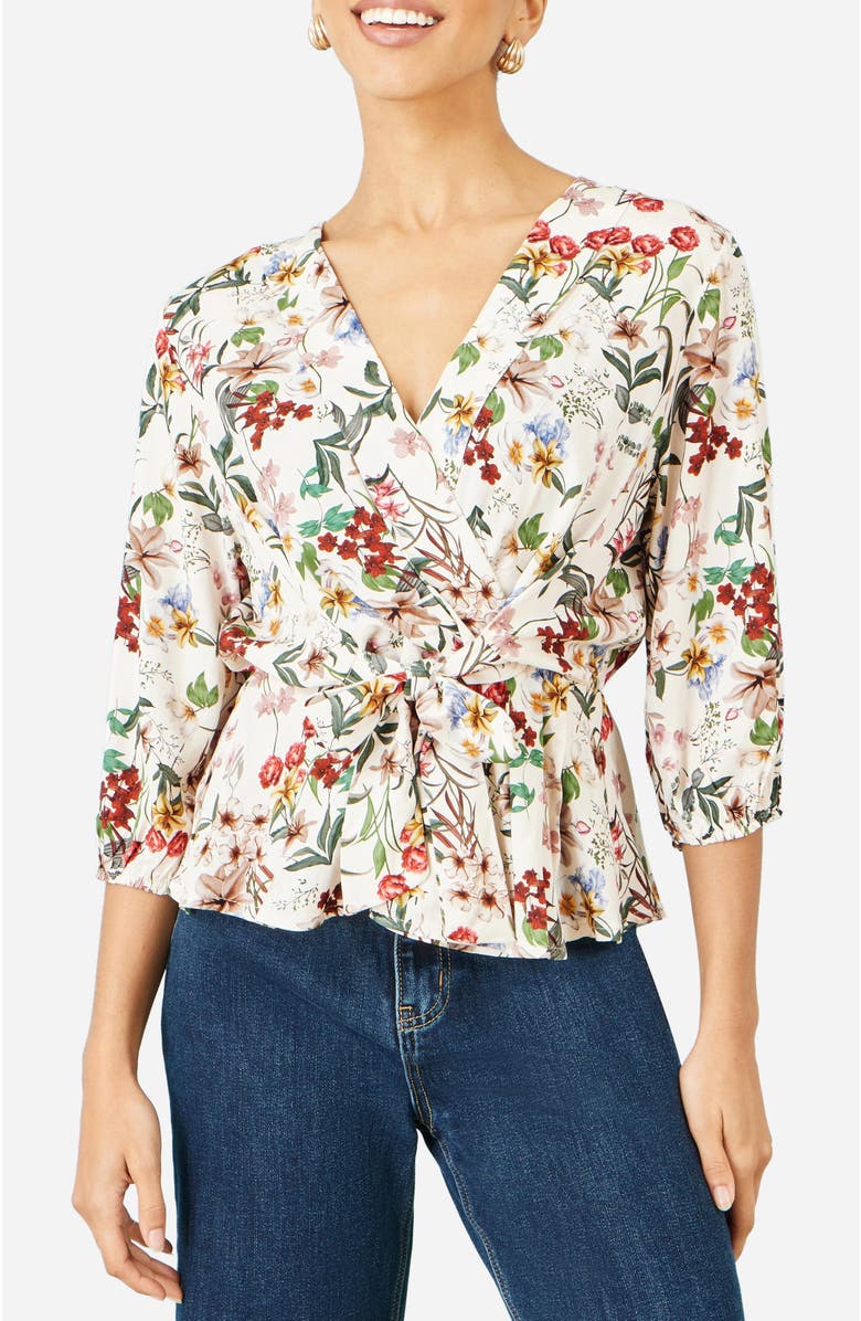 Yumi Viscose Botanical Print Wrap Top, Alternate, color, Ivory