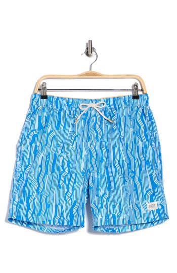 Scotch & Soda Print Mid Length Swim Trunks In Blue