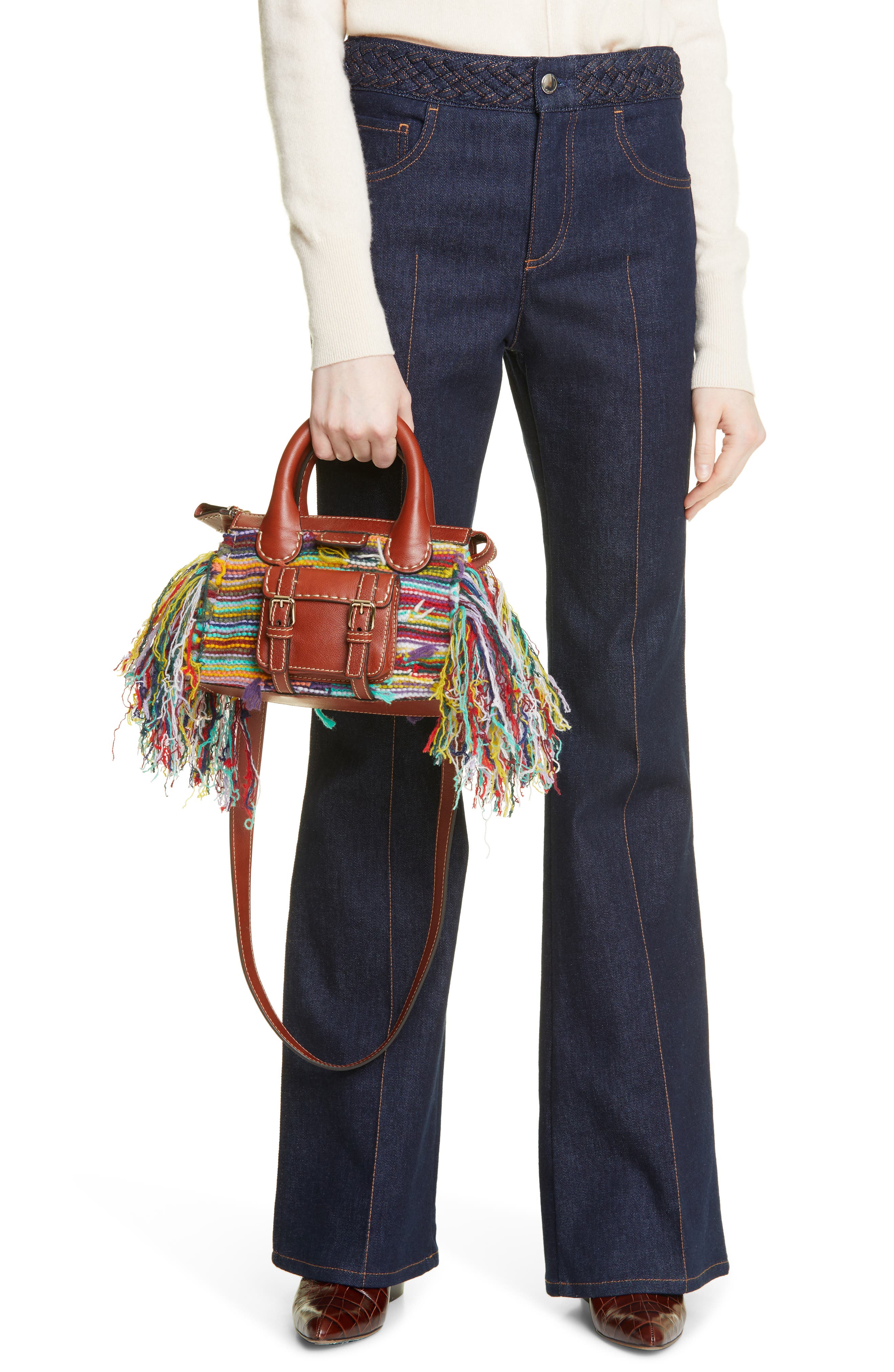 Chloé Mini Edith Cashmere & Leather Satchel, Alternate, color, 