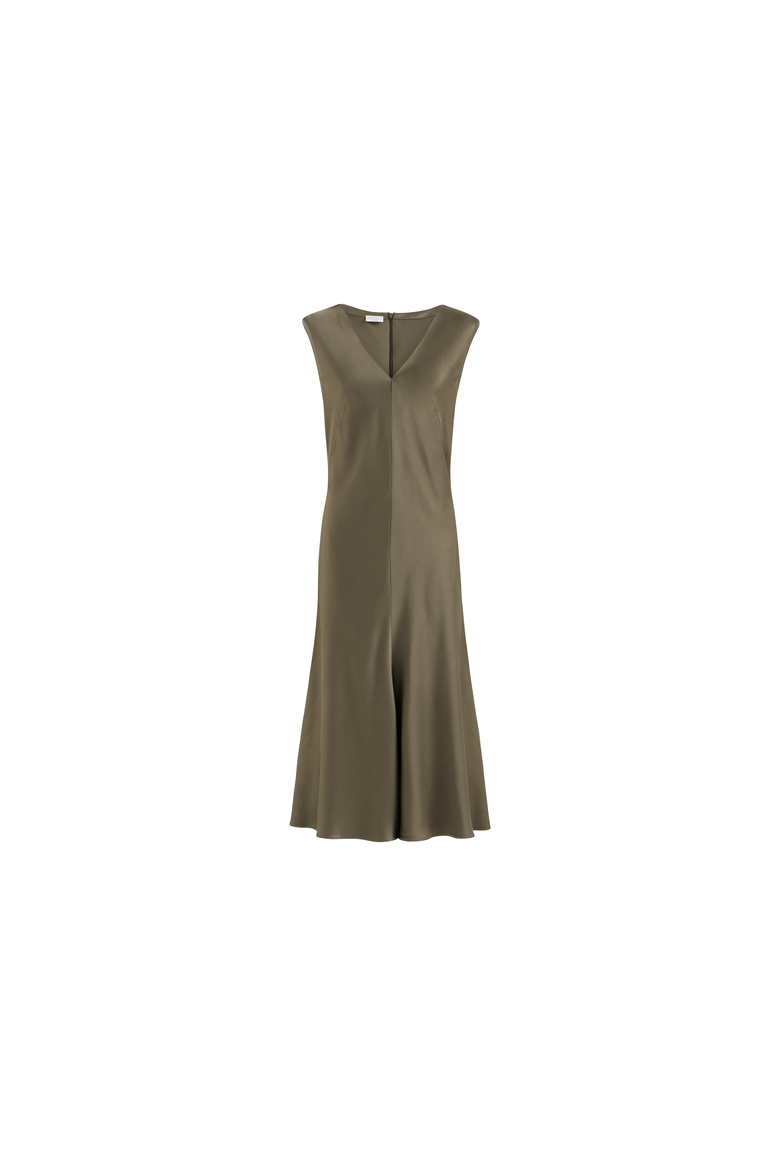 Satin cady flared dress with monili, Alternate, color, Origano