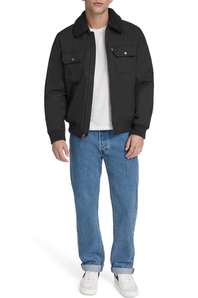 Water Resistant Faux Shearling Collar Canvas Bomber Jacket, Alternate, color, BLACK