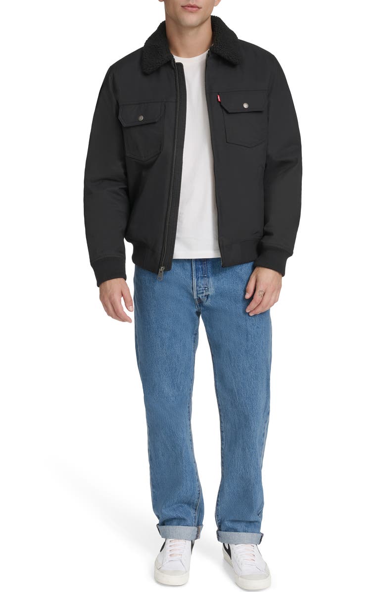 Levi's Water Resistant Faux Shearling Collar Canvas Bomber Jacket, Alternate, color, Black