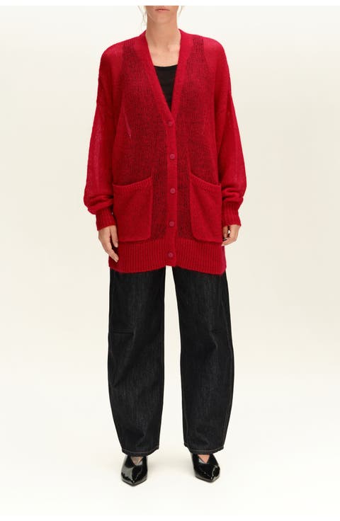 Long Mohair Cardigan With Contrast Trim