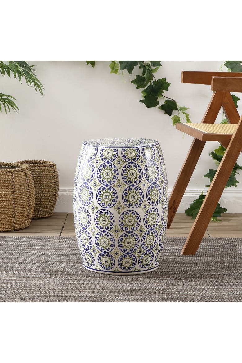 Lula Traditional Floral Chinoiserie Ceramic Drum Garden Stool, Pierced Indoor/Outdoor Patio Seat & Side Table, Alternate, color, Blue/Green