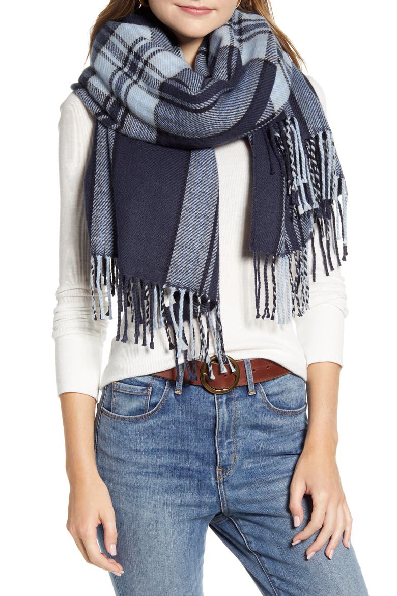 Plaid Fringe Blanket Scarf, Main, color, NAVY COMBO