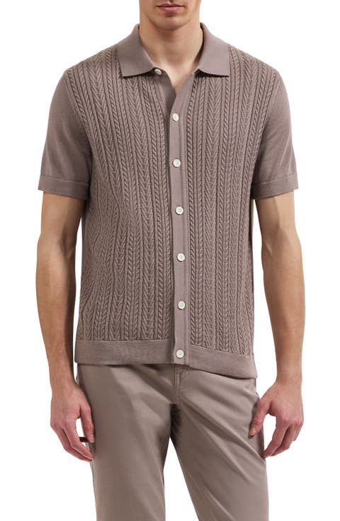 Short Sleeve Cable Knit Button-Up Sweater