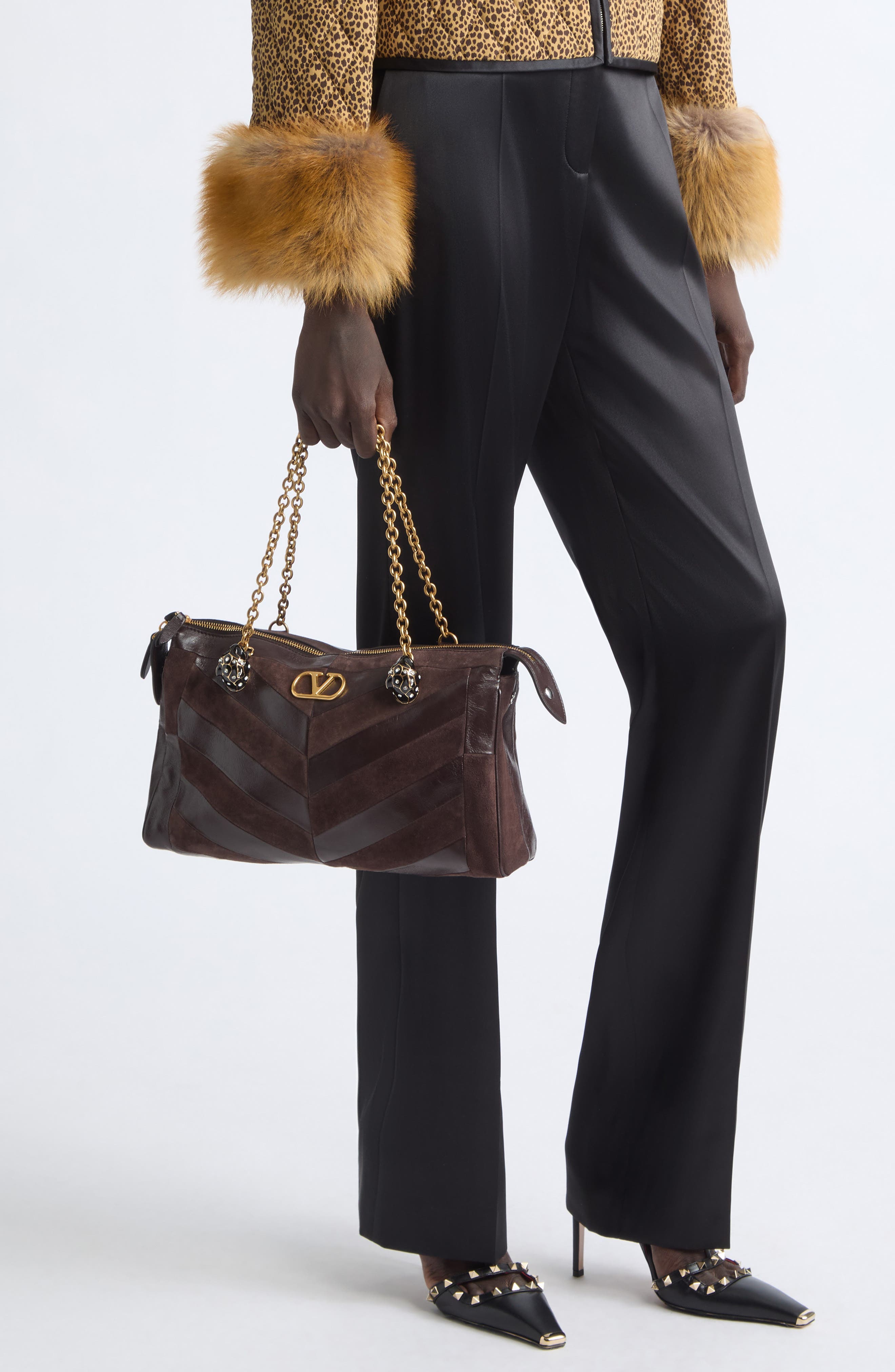 Medium Panthea Leather & Suede Shoulder Bag, Alternate, color, BROWN