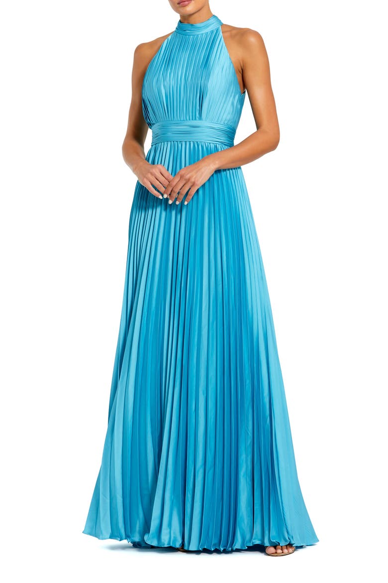 Pleated Sleeveless Halter Gown, Main, color, Pool Blue