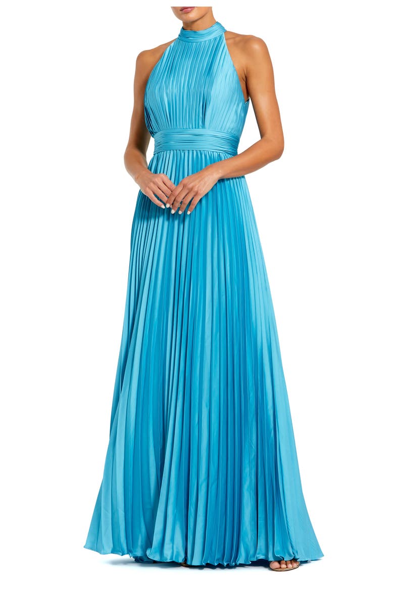 Mac Duggal Sleeveless Halter Neck Pleated Satin Gown, Main, color, Pool Blue