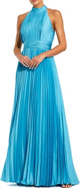 Mac Duggal Sleeveless Halter Neck Pleated Satin Gown
