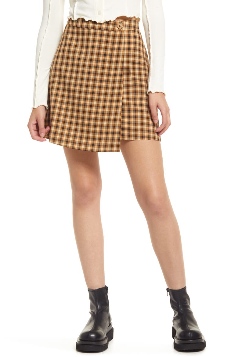 Button Front Miniskirt, Main, color, TAN- BLACK JORJA TEXT PLAID