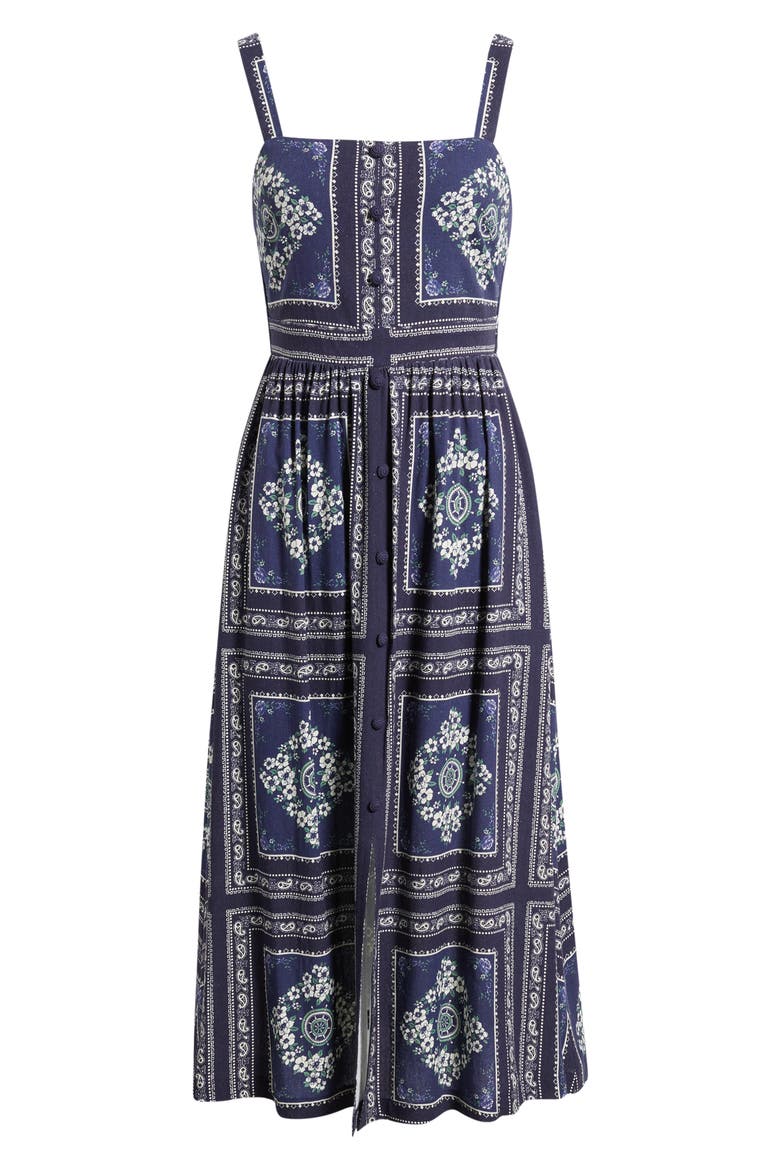 Grid Print Sleeveless Cotton & Linen Midi Dress, Alternate, color, NAVY